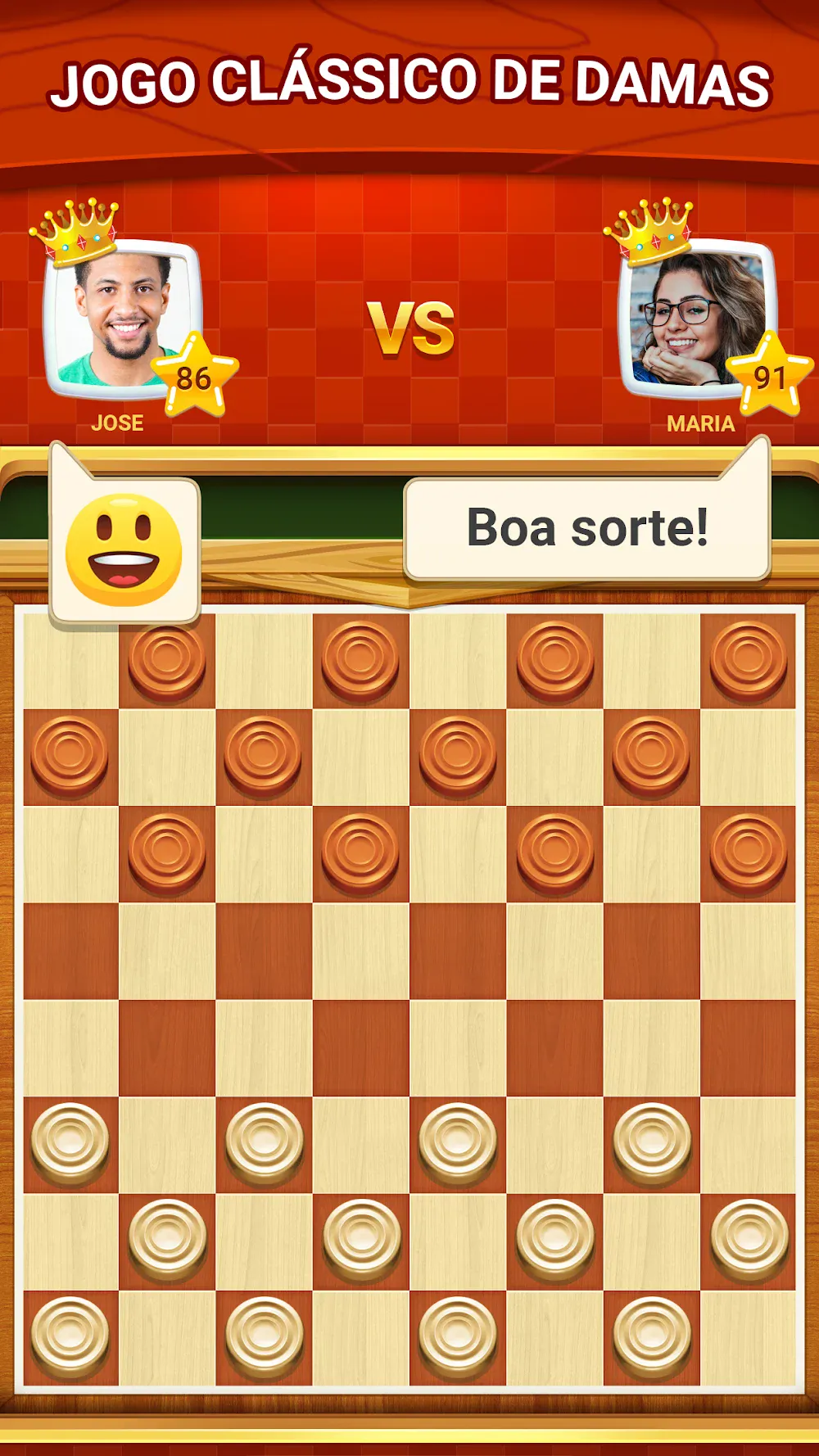Ecrã do jogo Damas com o tabuleiro preparado