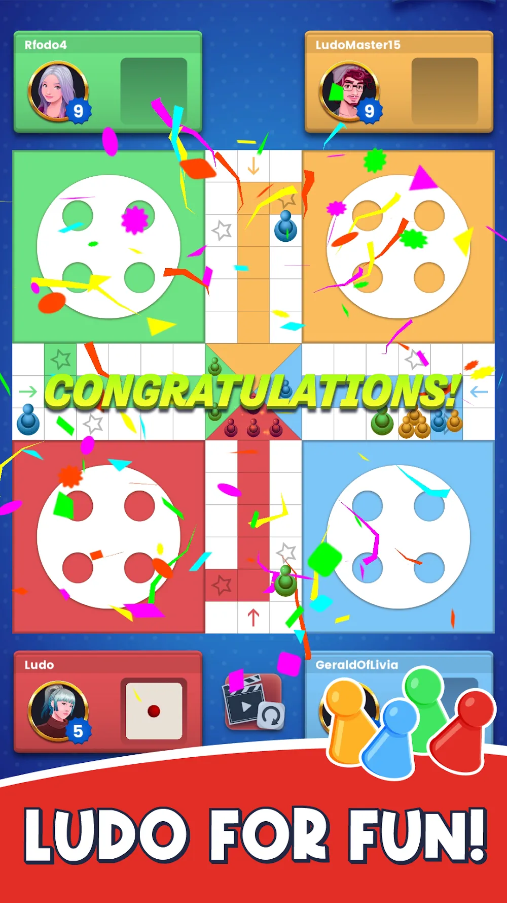 Ecrã do Ludo com o tabuleiro colorido e os peões