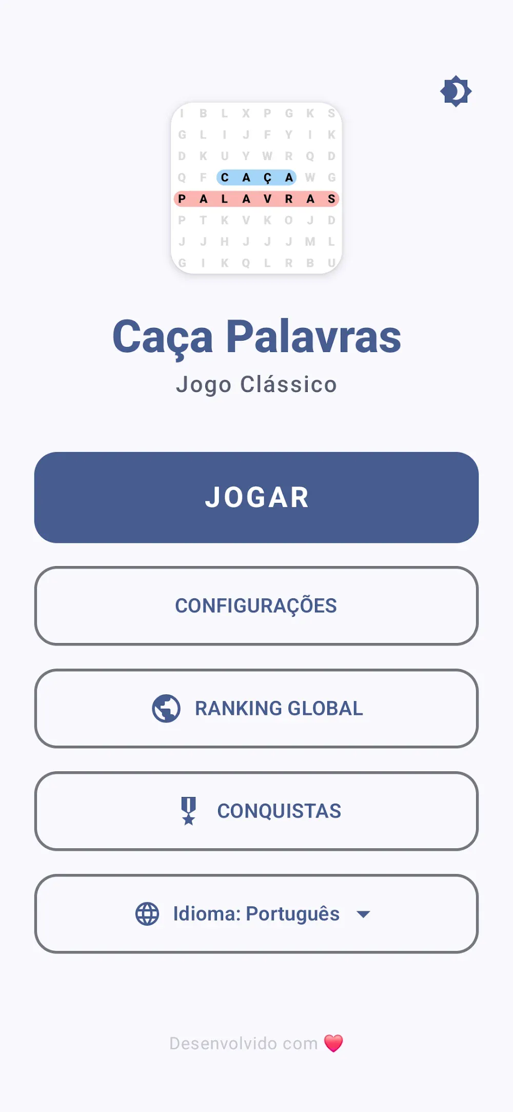 Ecrã do Caça Palavras com uma grelha de letras